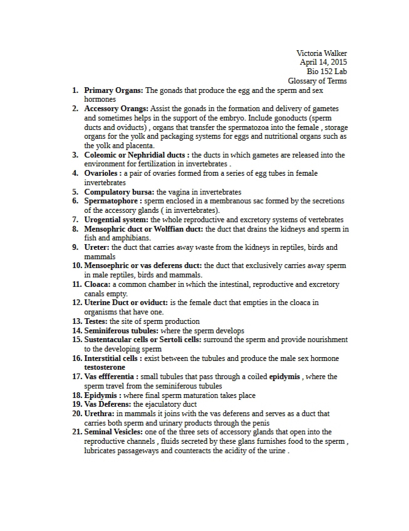 Terminology List for Bio Lab 152
