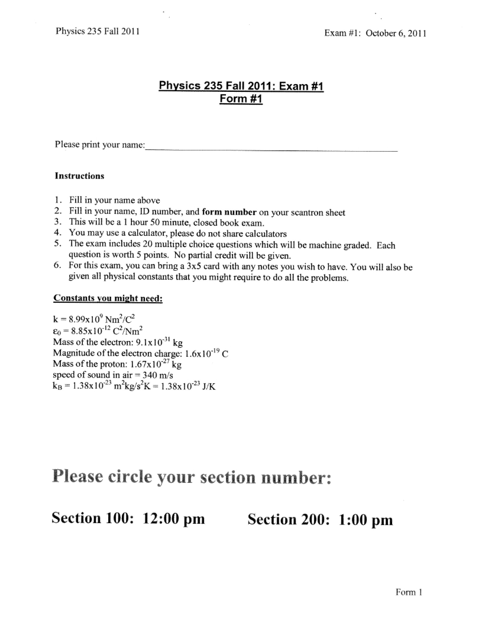 Exam One (Fall 2011)