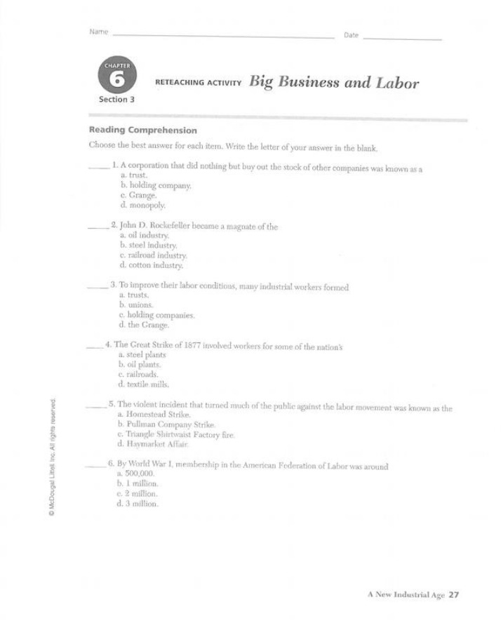 Big Business and Labor - Key Concepts and Reading Comprehension