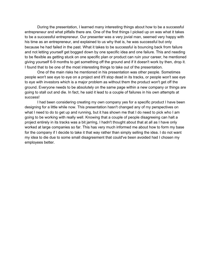 Reflection on Entrepreneurship