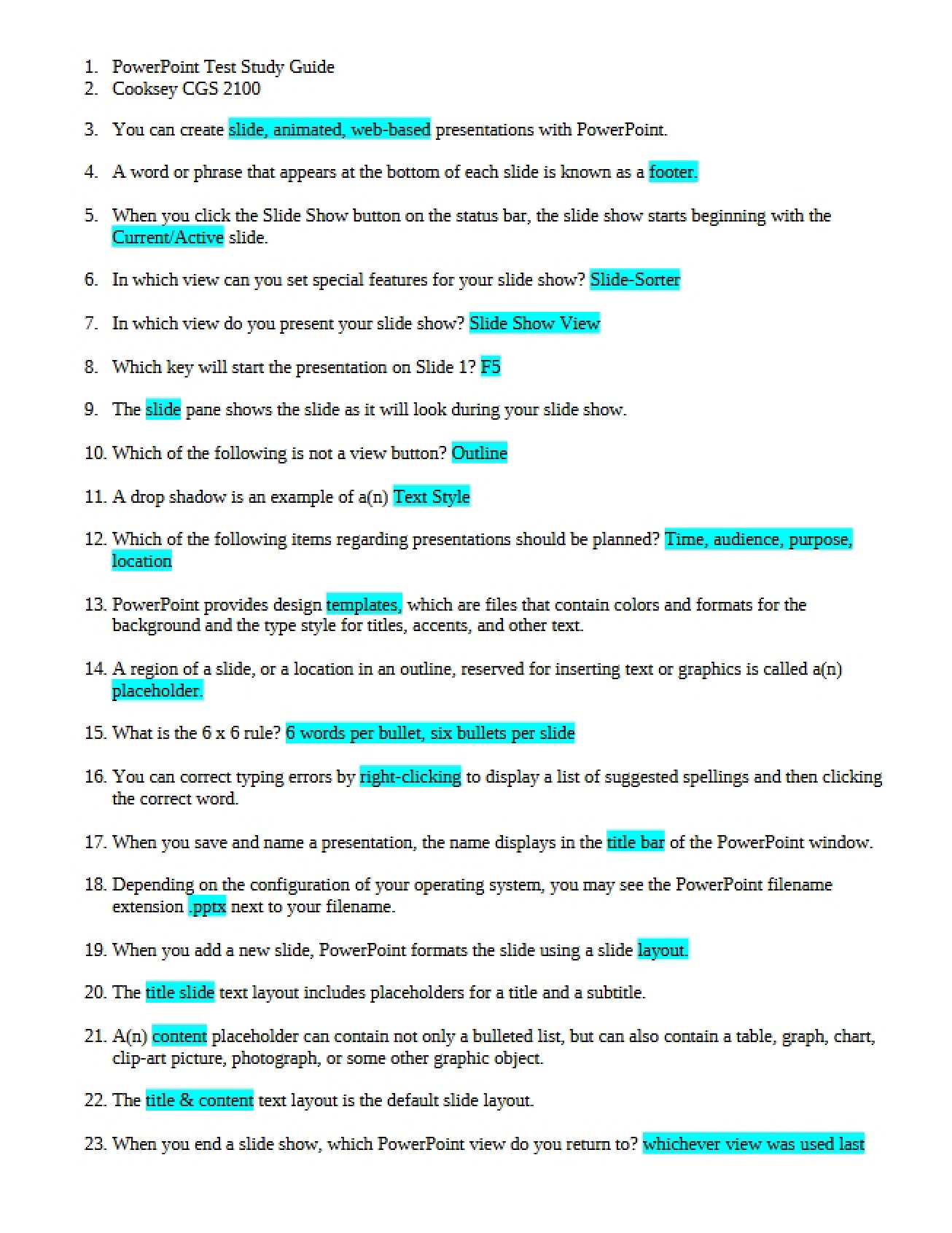 Study Guide for Microcomputer Applications for Business