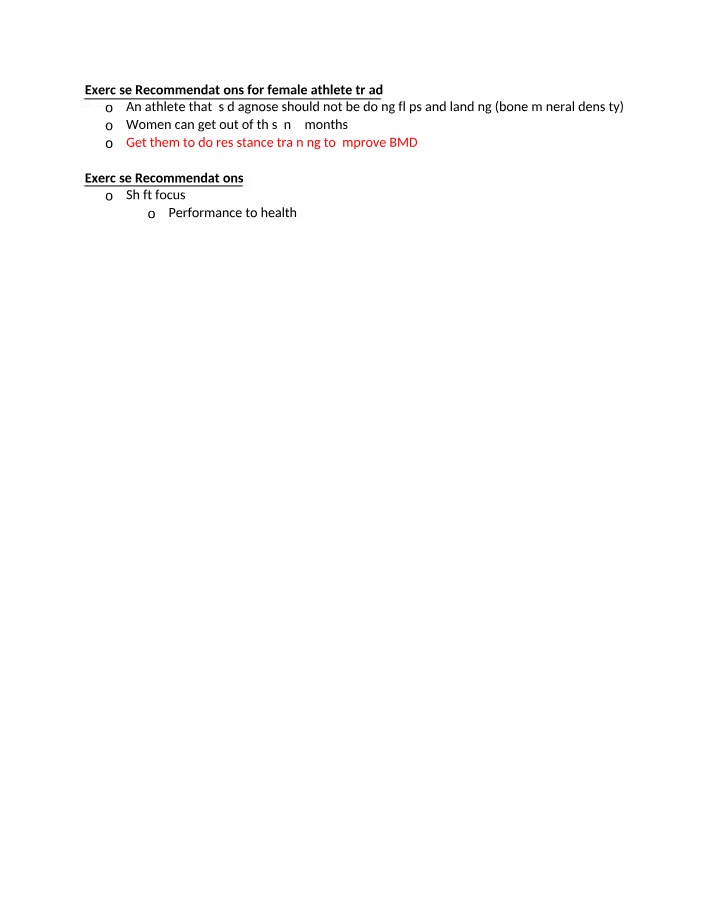 Exercise Recommendations for Female Athlete Triad and BMD