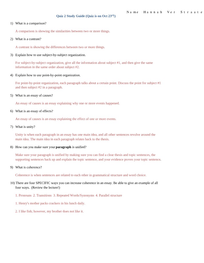 Study Guide for Organizational Comparisons and Contrasts