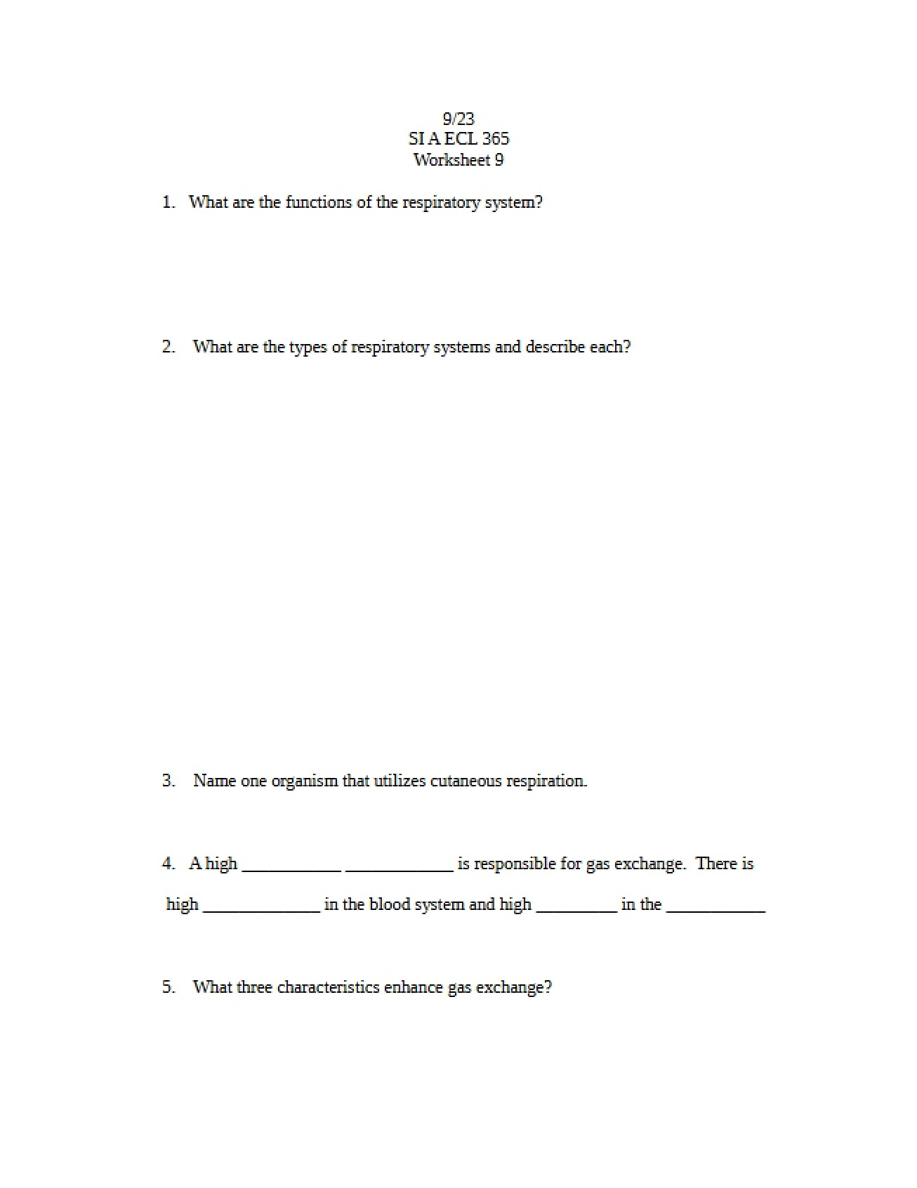 Ninth Worksheet for the Vertebrate Biology Course