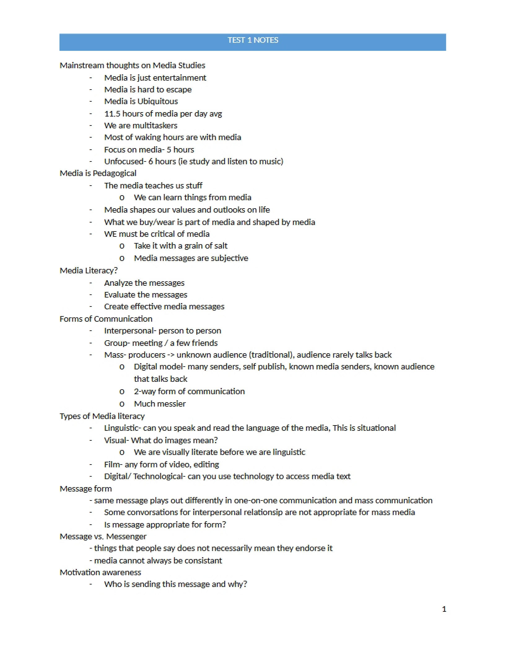 Notes for Test 1