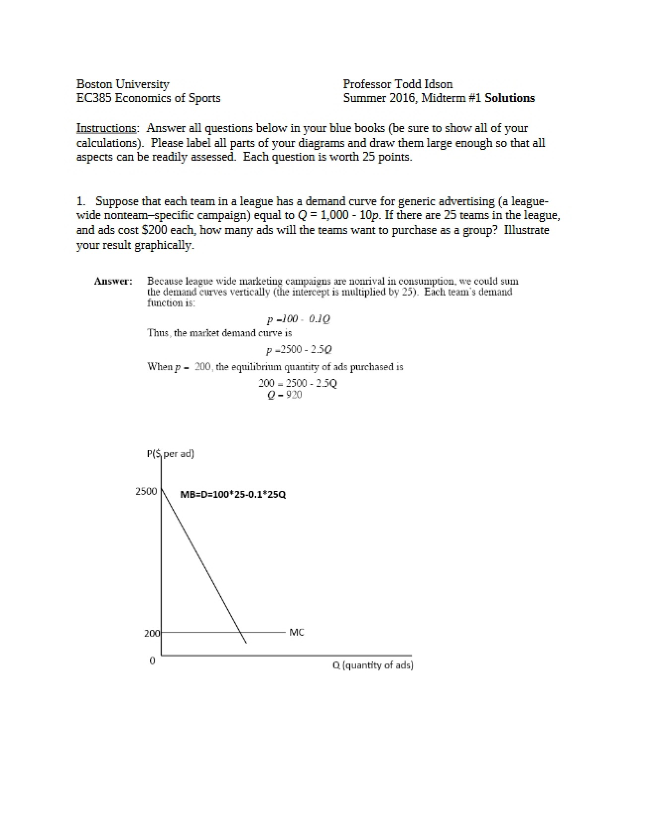 Solutions for the First Sports Economics Midterm (Part 1)