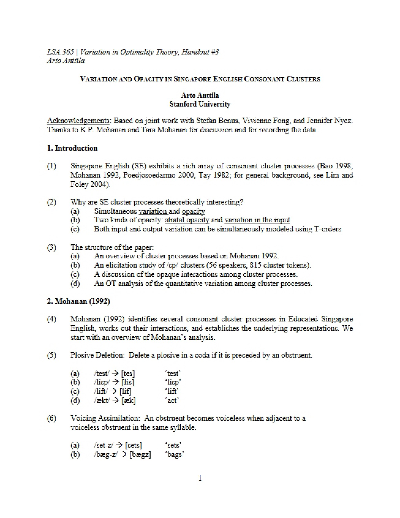 Variation in Optimality Theory Lecture Notes