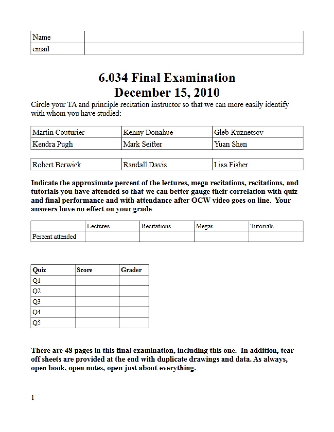 Examination for AI Course