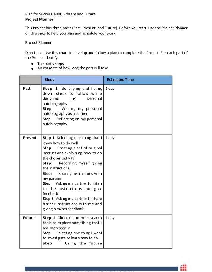 Plan for Success - Autobiography, Reflection, and Project Planner