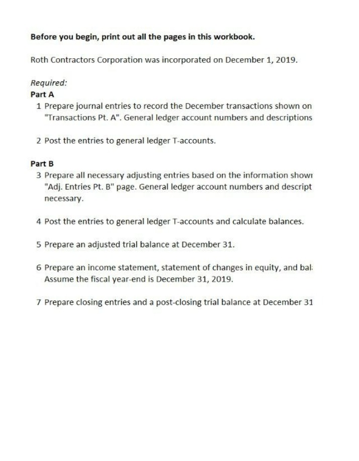 Workbook for Roth Contractors Corporation