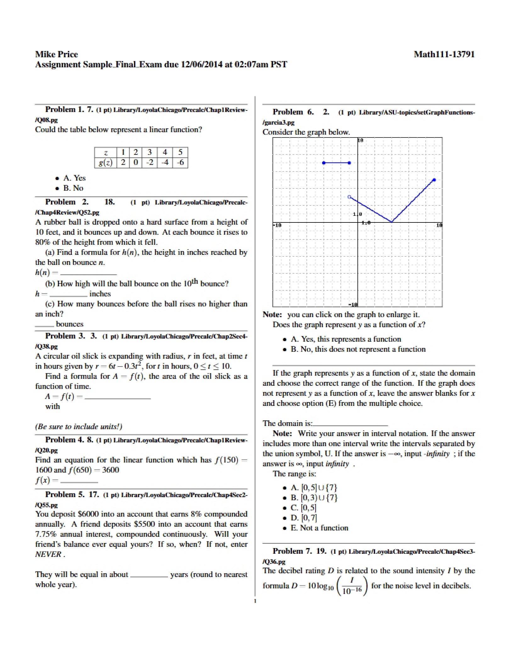 Sample Final Exam Math 111