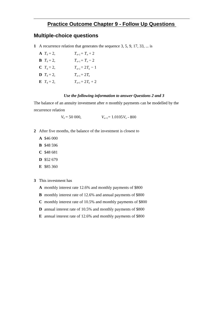 Practice Questions - Recurrence Relations and Investment Balances