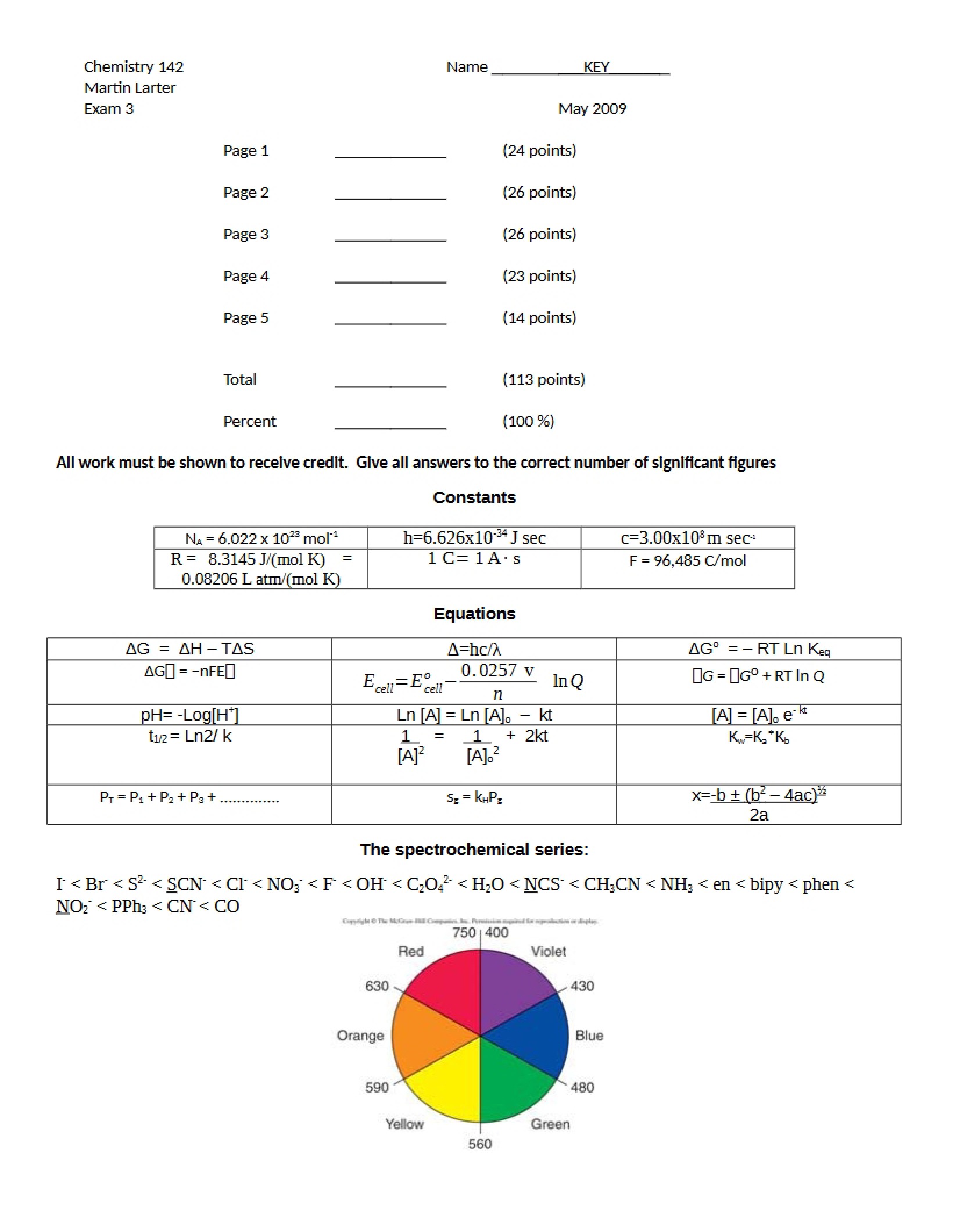 Chem 142 Exam 3 Key