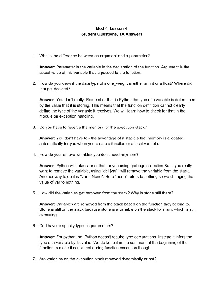 Module 4 Lesson 4 - Student Questions and TA Answers