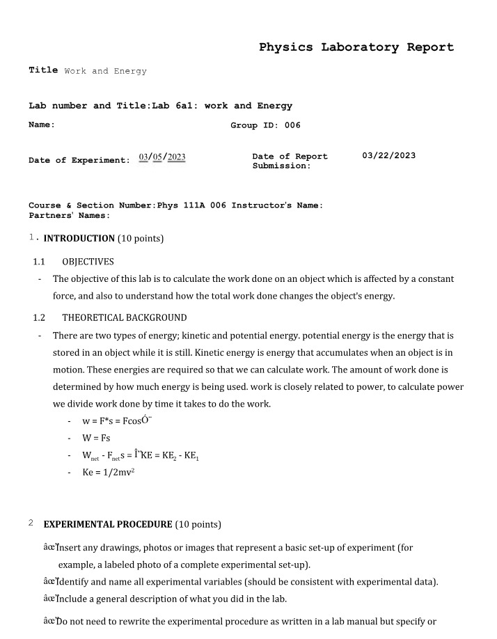Work and Energy Lab Report - PHYS 111A