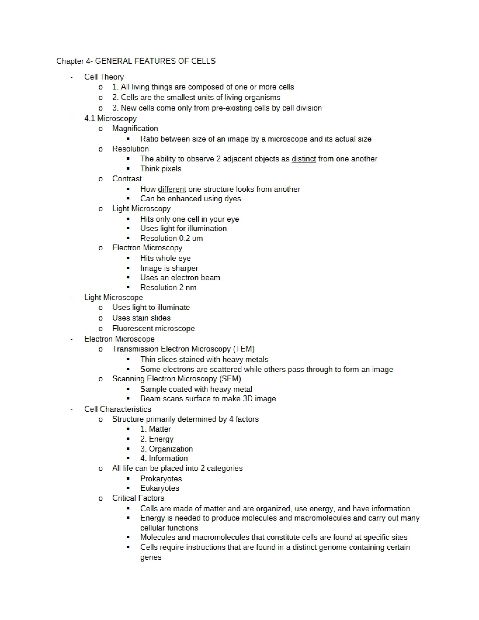 Cells General Features (Ch 4)