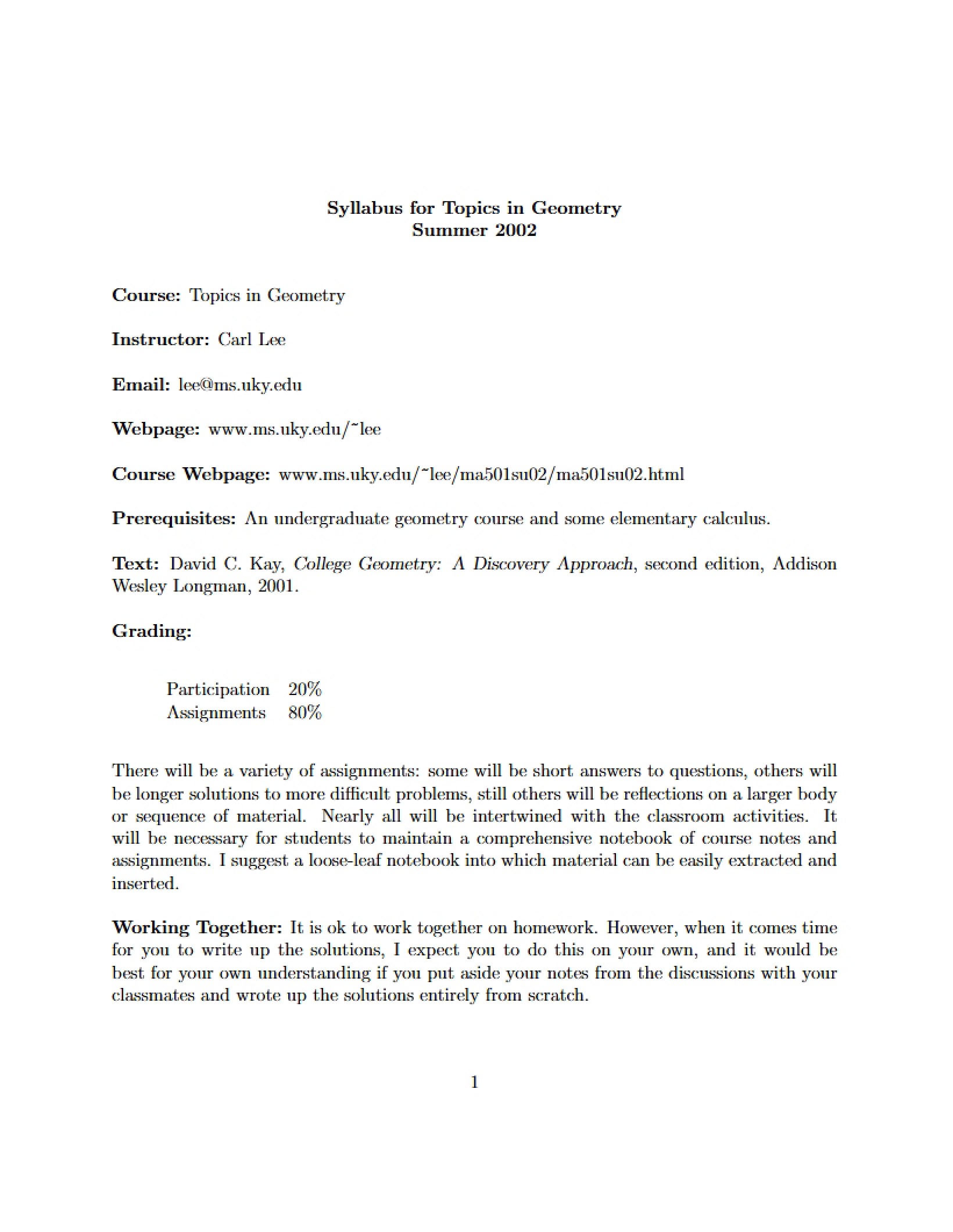 Topics in Geometry Syllabus