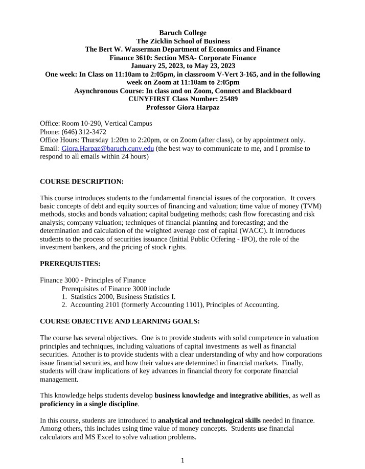 Professor Giora Harpaz - FIN 3610 Course Section (Spring 2023)