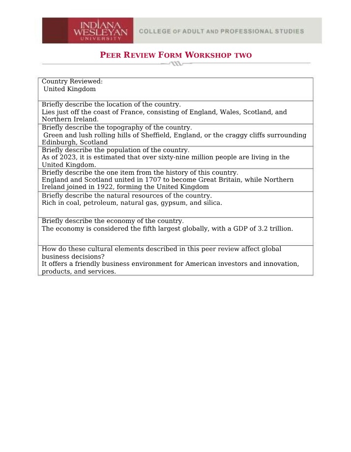 Peer Review Form - United Kingdom Geography, History, and Economy