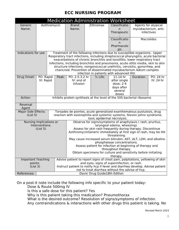 Azithromycin for Infections - Medication Administration Worksheet