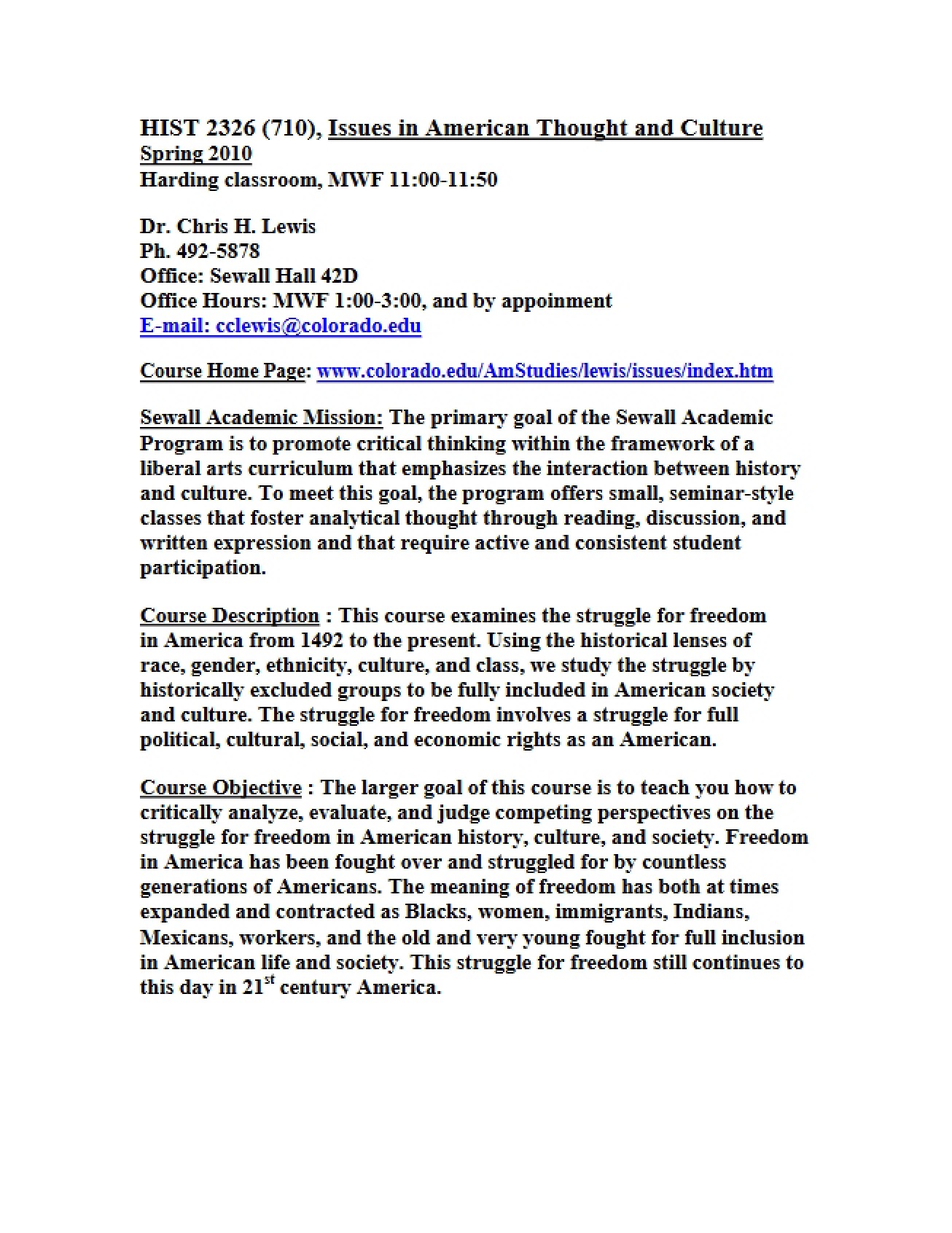 Syllabus for Issues in the History of U.S. Society and Culture