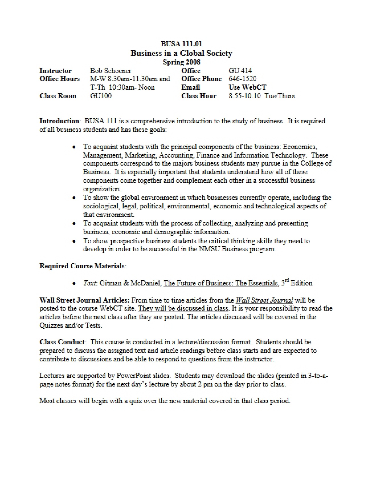 Syllabus for a Course on Business in a Global Society