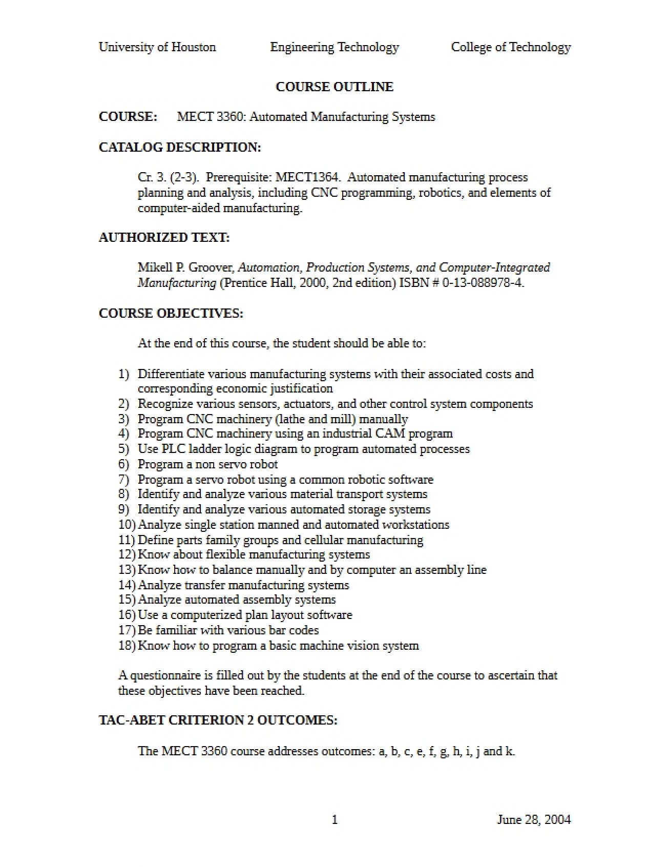 Automated Mfg Systems Syllabus