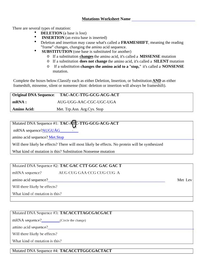 Worksheet on Mutations