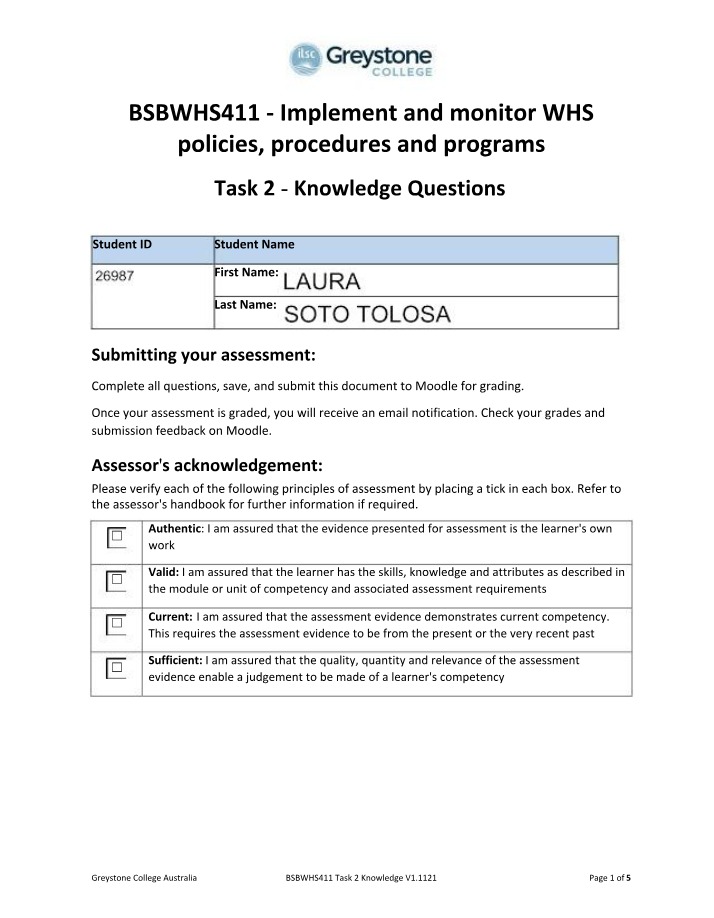 BSBWHS411 Task 2 Knowledge Questions Laura Soto Tolosa