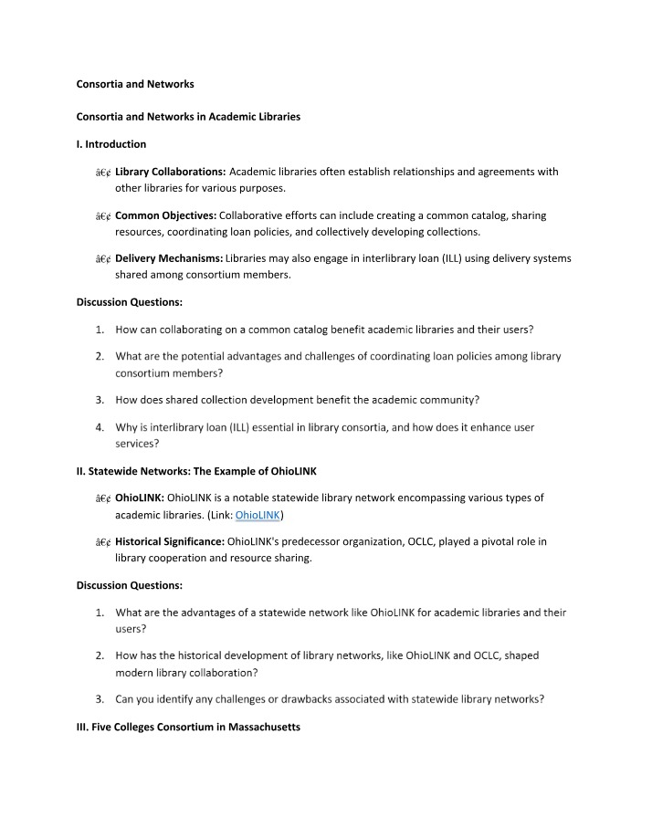 Lecture Notes - Consortia and Networks in Academic Libraries