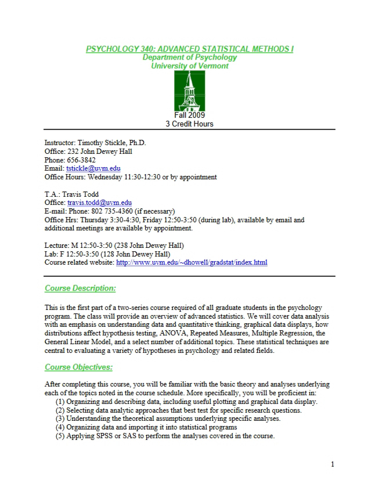 Class Syllabus Advanced Statistics I
