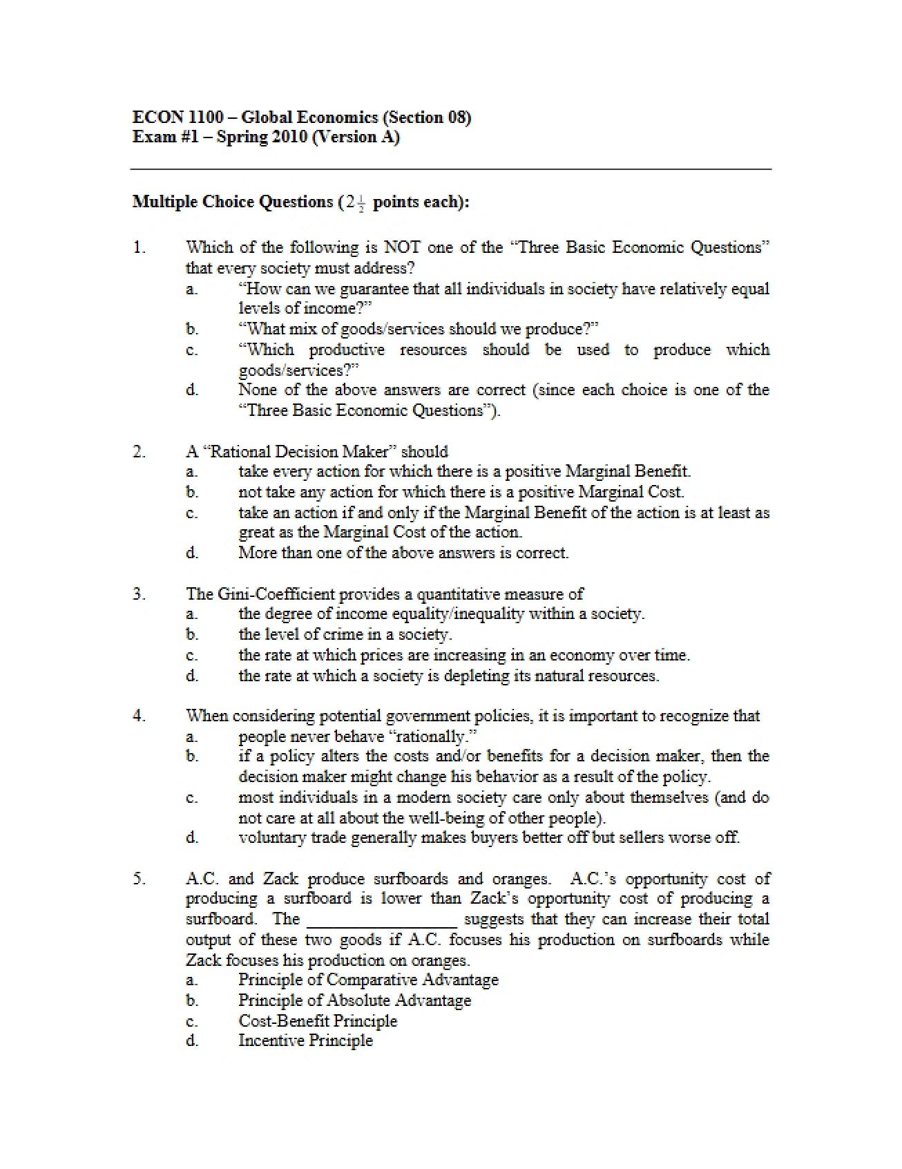 ECON 1100 Exam I