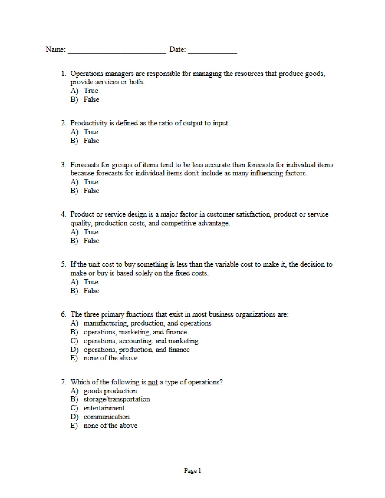 Sample Exam for Operations Management