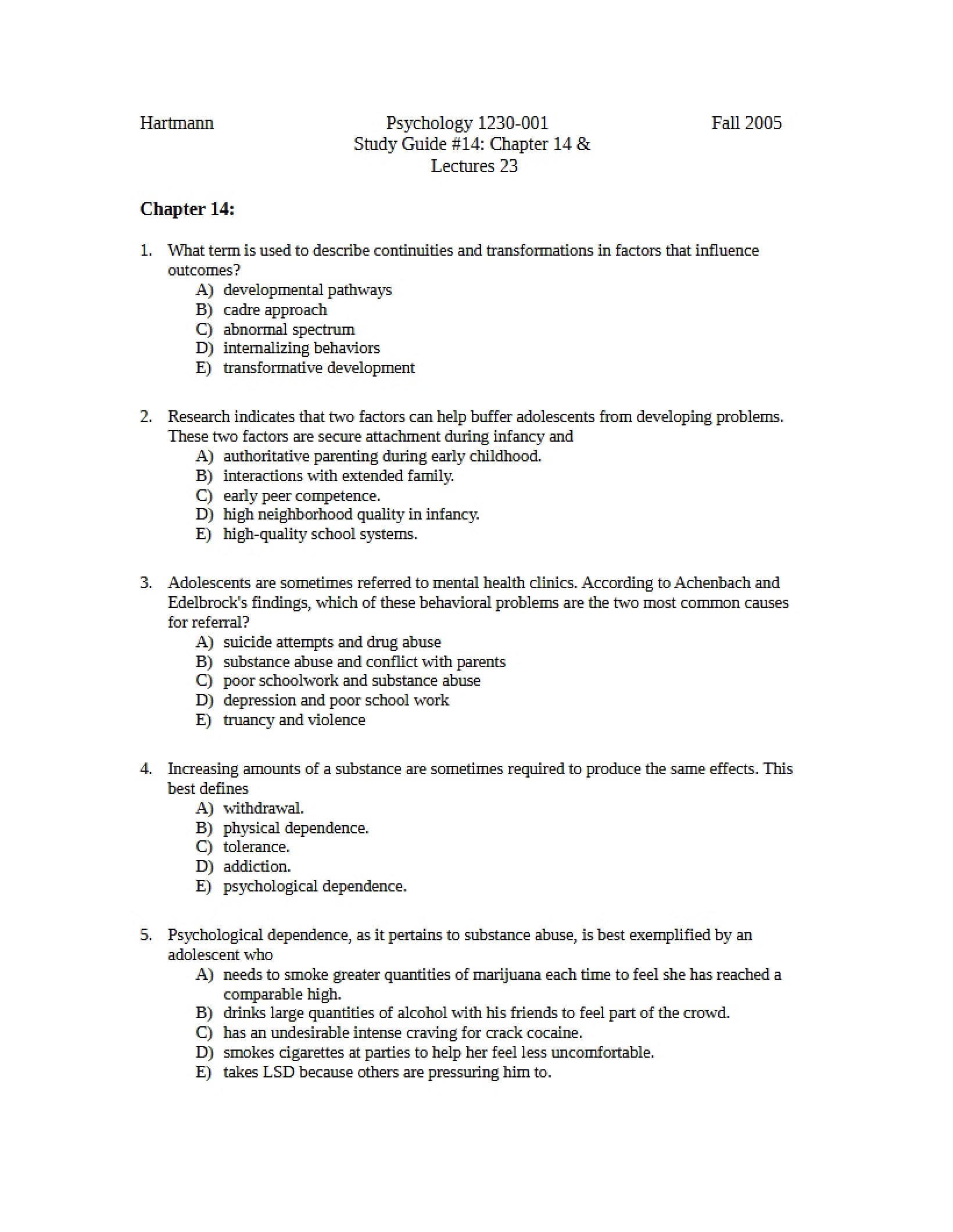 Study Guide Psychology 1230 (Chapter 14 Lectures 23)