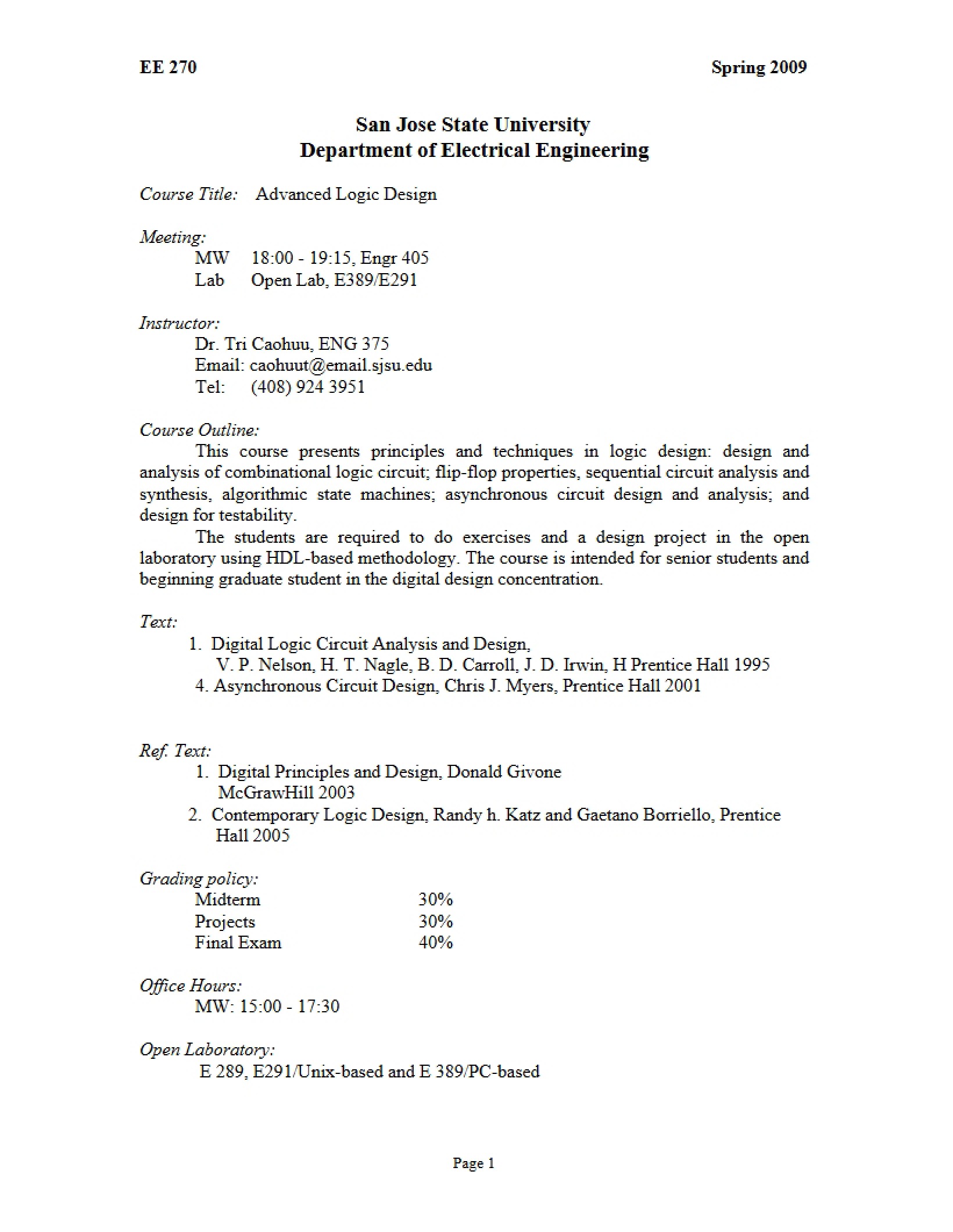 Course Outline for Advanced Logic Design