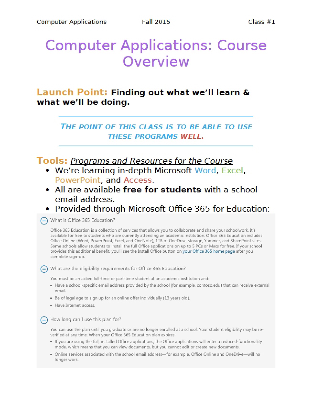 Overview of Computer Applications Course