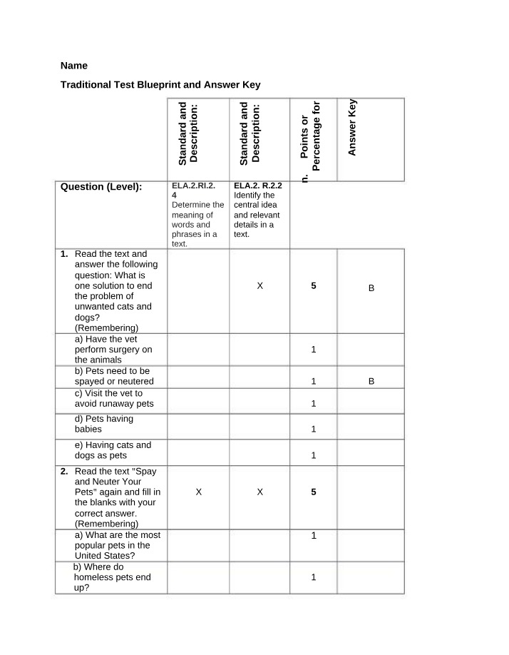 Pet Care Exam - Answer Key