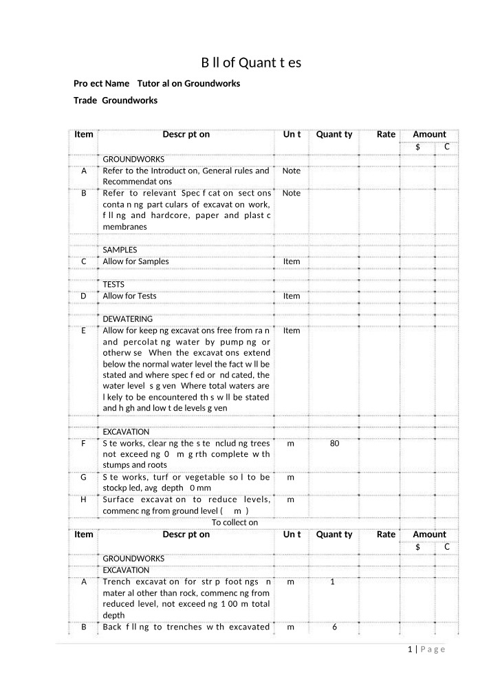 Groundworks Tutorial - Bill of Quantities