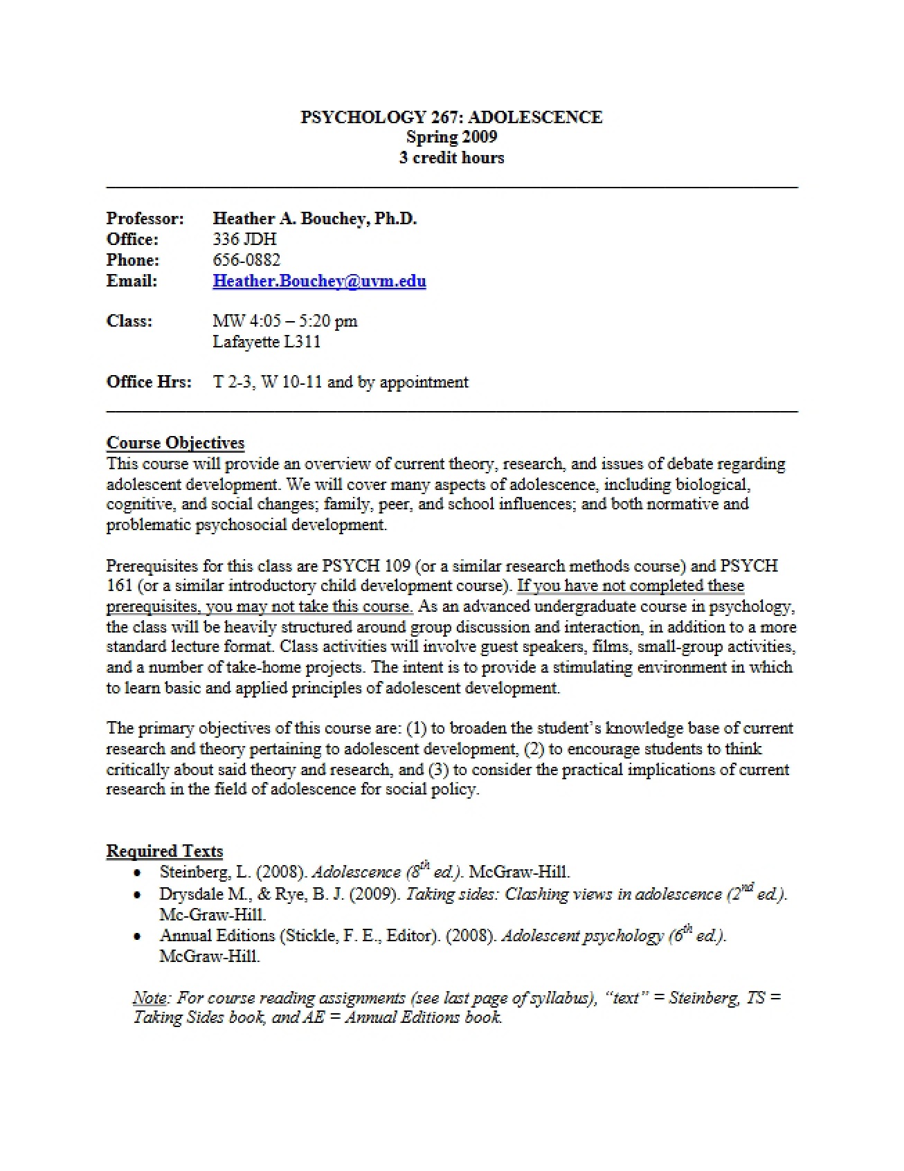 Syllabus for Adolescence Psychology