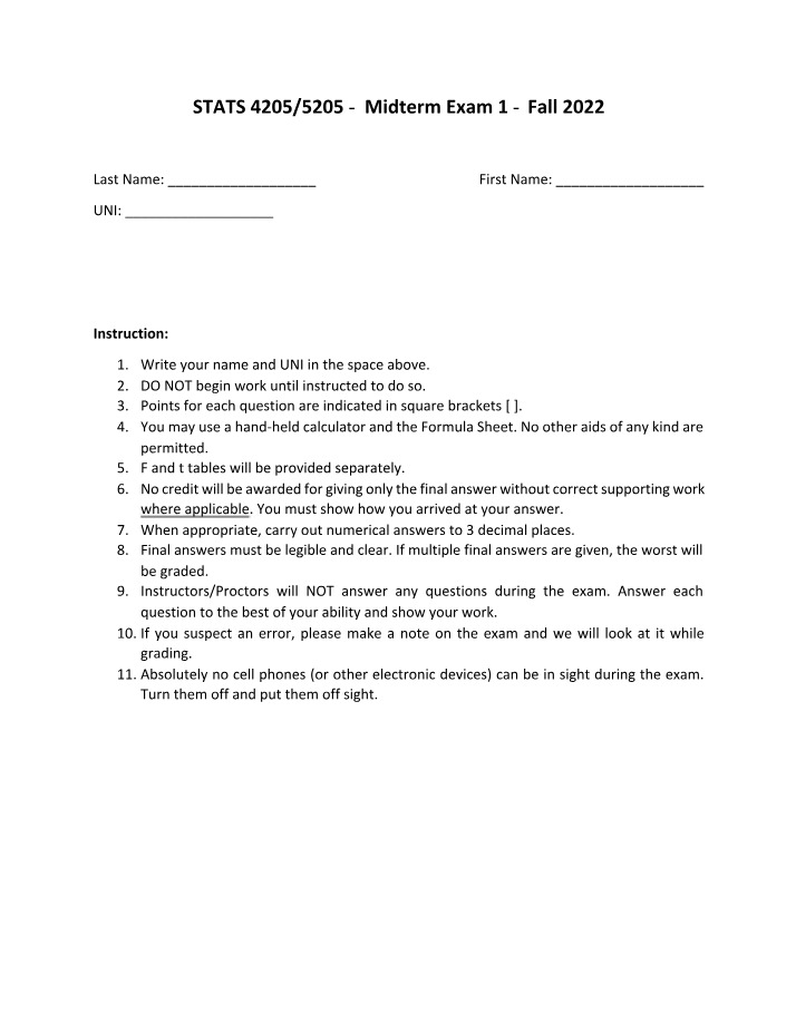 Midterm Exam Number 1