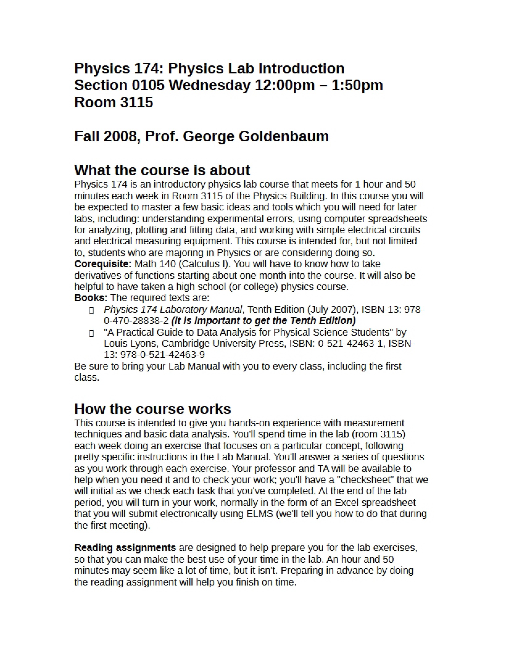 General Syllabus - Physics Laboratory Introduction