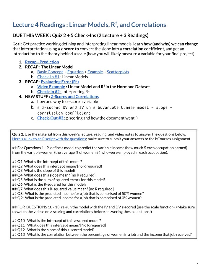 Lecture Notes - Linear Models, Correlations, and R2