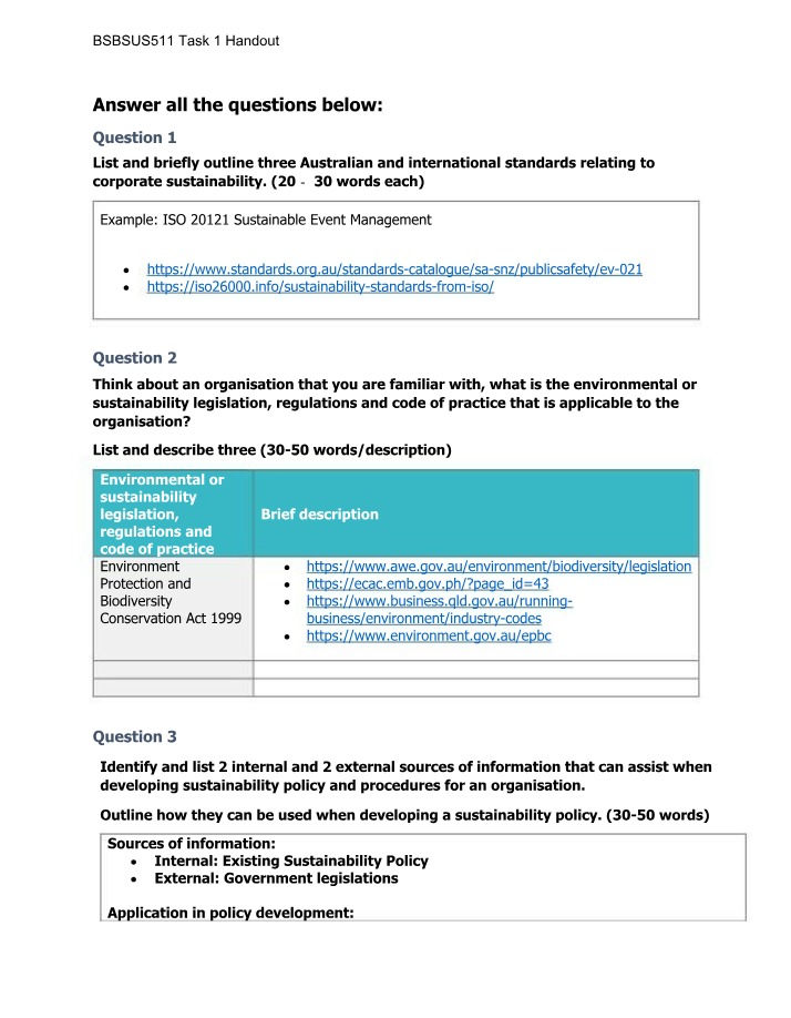 Task 1 Handout for BSBSUS511