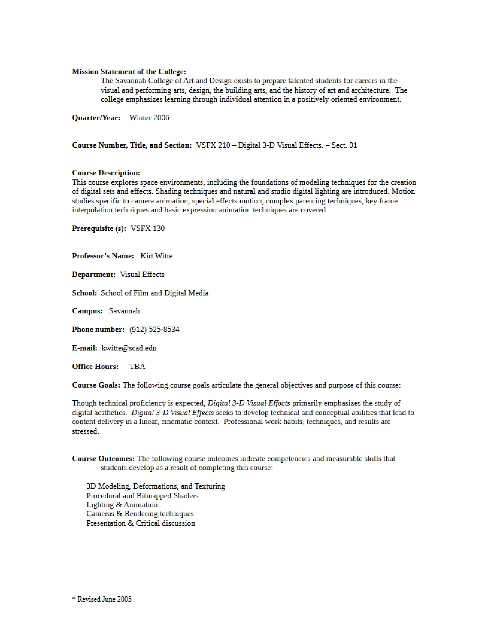 Digital VFX Course Syllabus