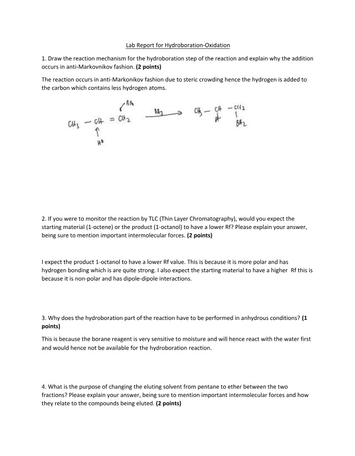 CHEM 3164 Worksheet on Hydroboration Oxidation