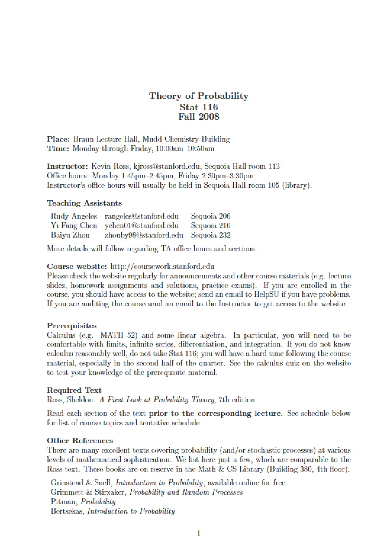 Syllabus for the Theory of Probability