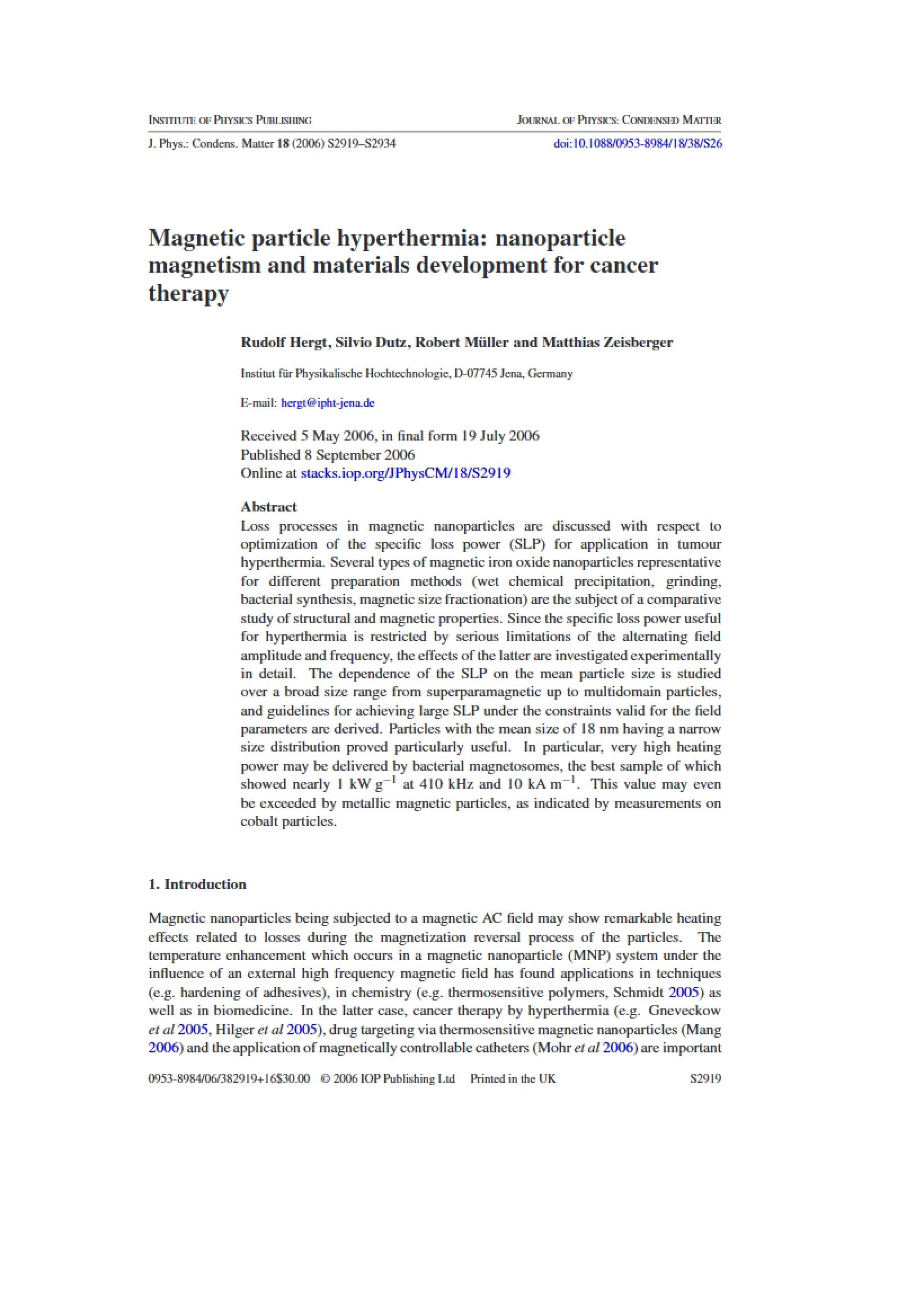 Hyperthermia via Magnetic Particles