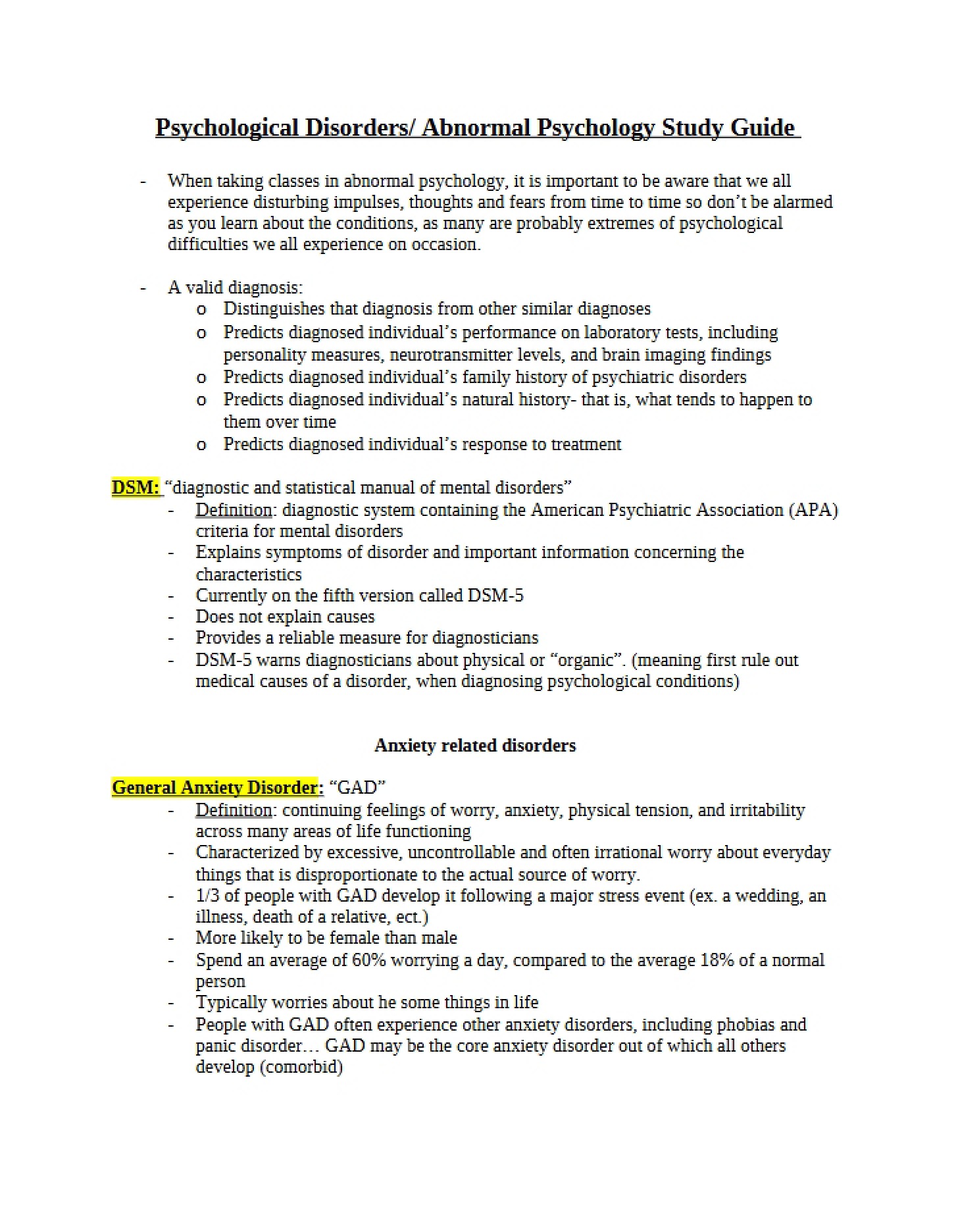 Overview of Psychological Disorders