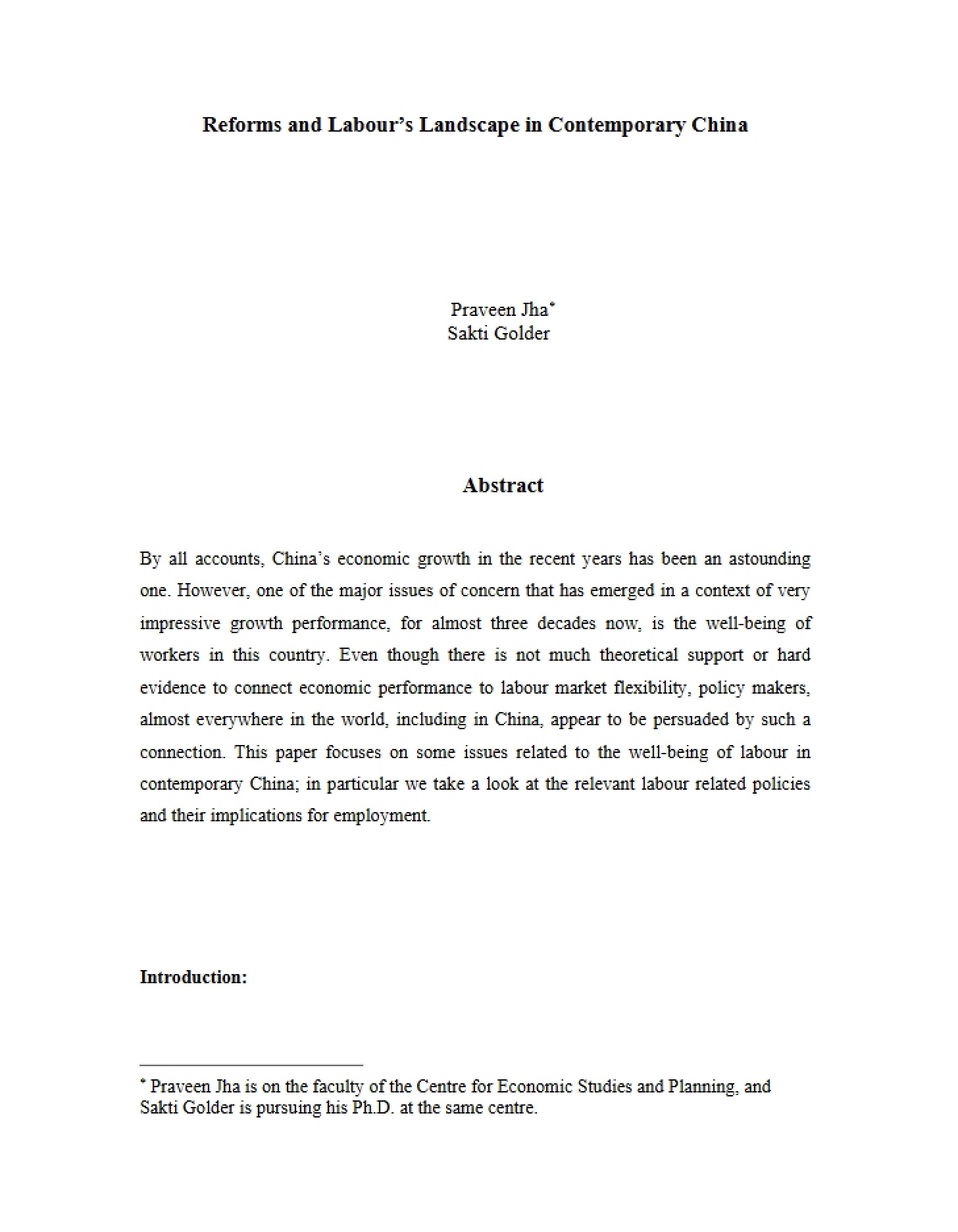 Contemporary China Reforms and Labour Landscape