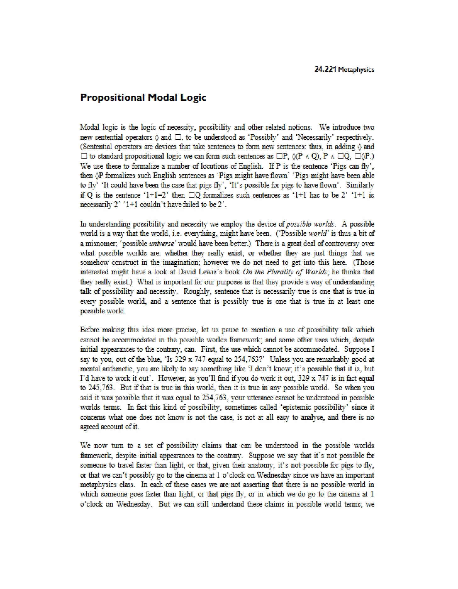 Modal Logic (Propositional)
